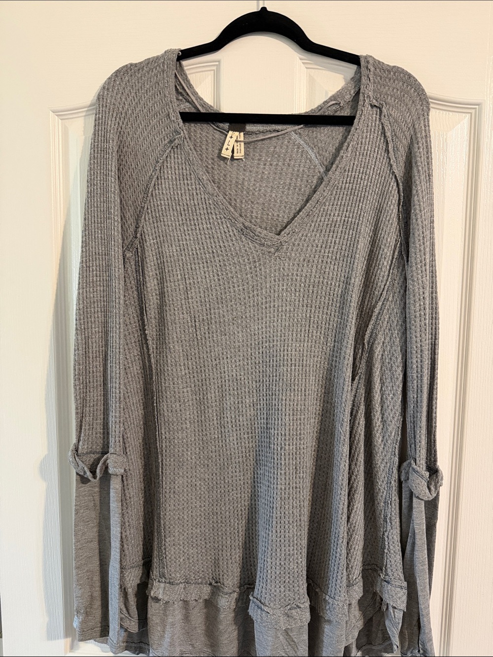 Free People Grey Laguna Thermal Waffle Knit Ruffled Hem Long Sleeve Large